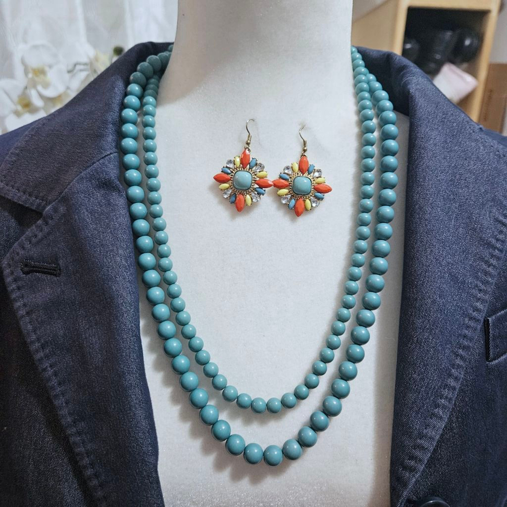 Turquoise/Multicolor Boho Retro Trendy Necklace Earring Set